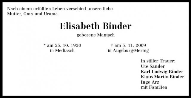 Mantsch Binder Elisabeth 1920-2009 Todesanzeige